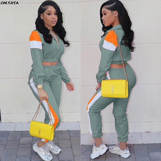 2019 Women Colorful Patchwork Zipper Up Jackets Pencil Pants Suits Sporty Two Piece Tracksuit Outfit Casual